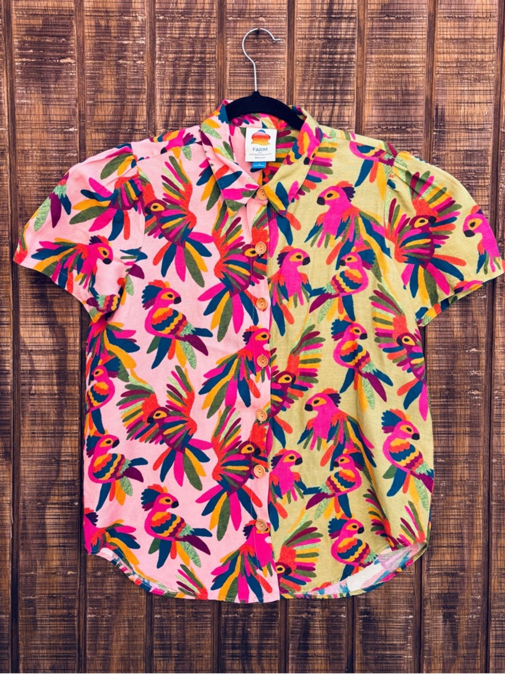 FARM Rio From Anthropologie Two Tone Parrot Button Up Linen Blend Shirt